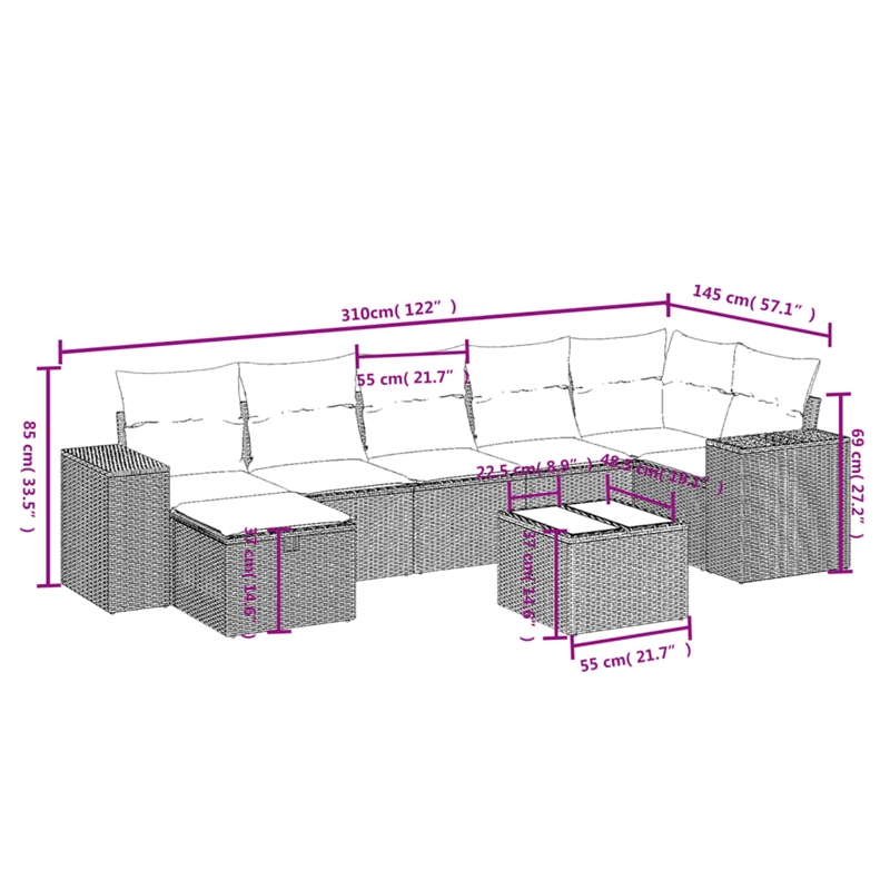 Afuera Living Contemporary 8 Piece Poly Rattan Large Sofa Set in Black
