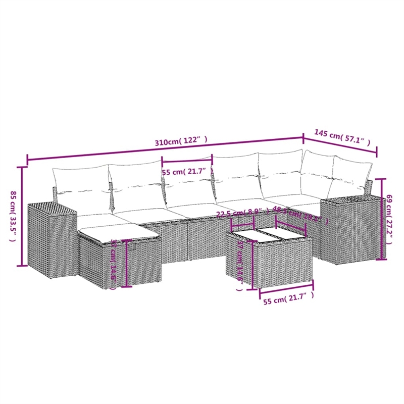 Afuera Living Contemporary 8 Piece Poly Rattan Small Sofa Set in Beige