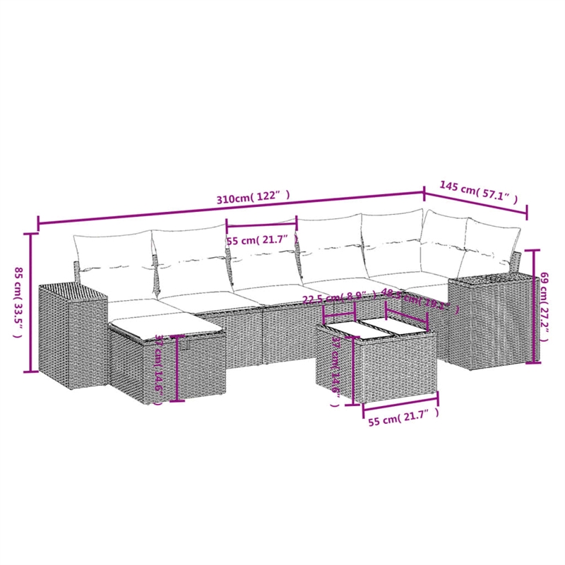 Afuera Living Contemporary 8 Piece Poly Rattan Sofa Set in Gray