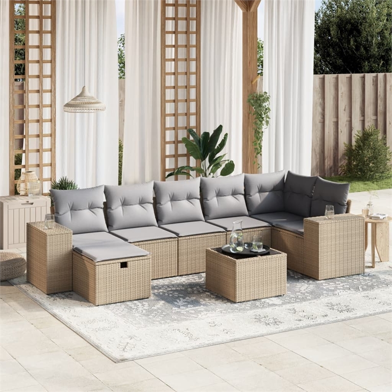 Afuera Living Contemporary 8 Piece Poly Rattan Sofa Set in Beige