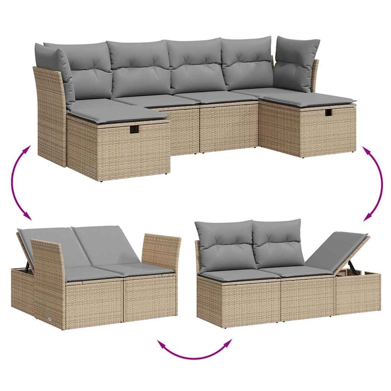 Afuera Living Contemporary 6 Piece Poly Rattan Large Sofa Set in Beige