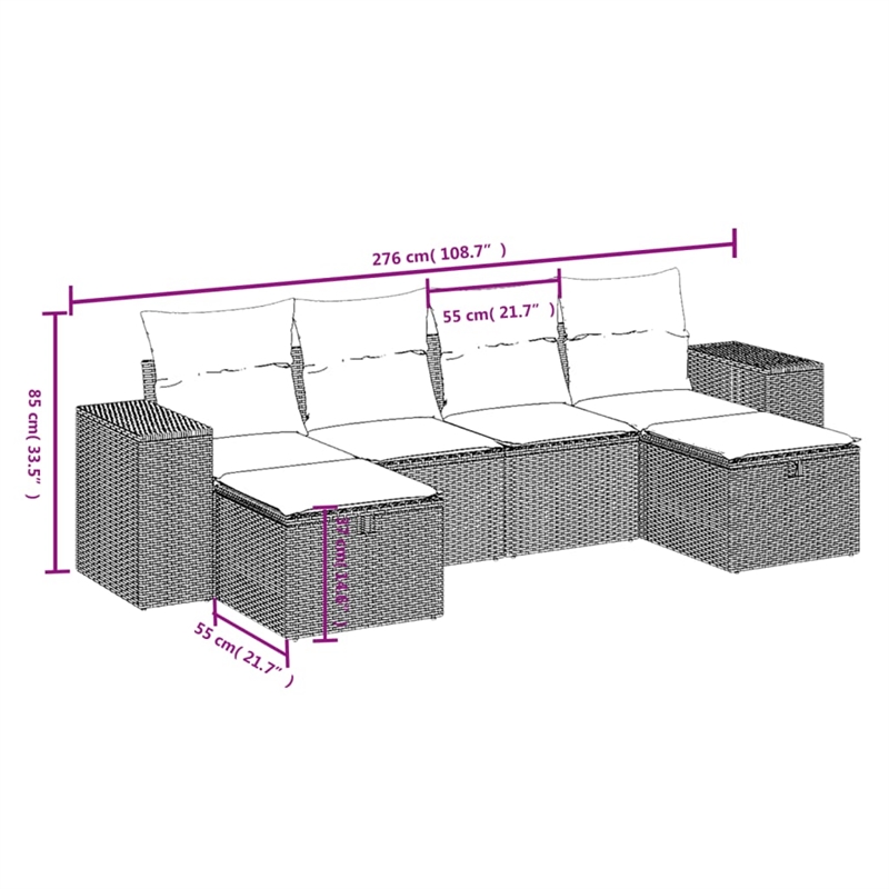 Afuera Living Contemporary 6 Piece Poly Rattan Small Sofa Set in Gray