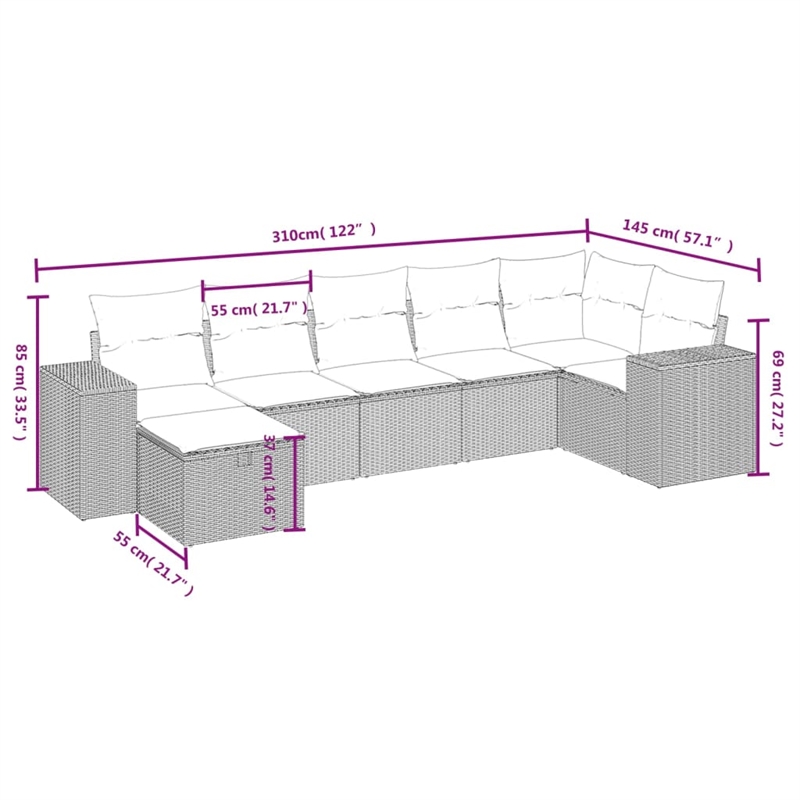 Afuera Living 7 Piece Poly Rattan Large Sofa Set with Removable Covers in Gray