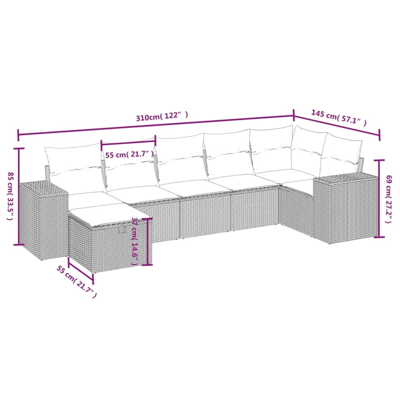 Afuera Living Contemporary 7 Piece Poly Rattan Large Sofa Set in Brown