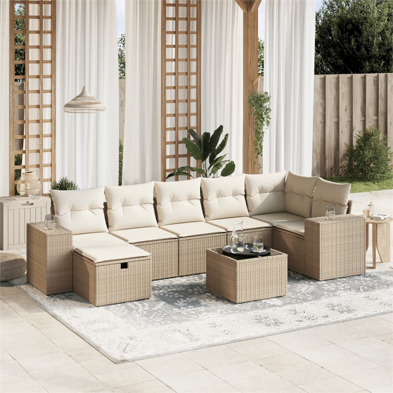 Afuera Living Contemporary 8 Piece Poly Rattan Large Sofa Set in Beige