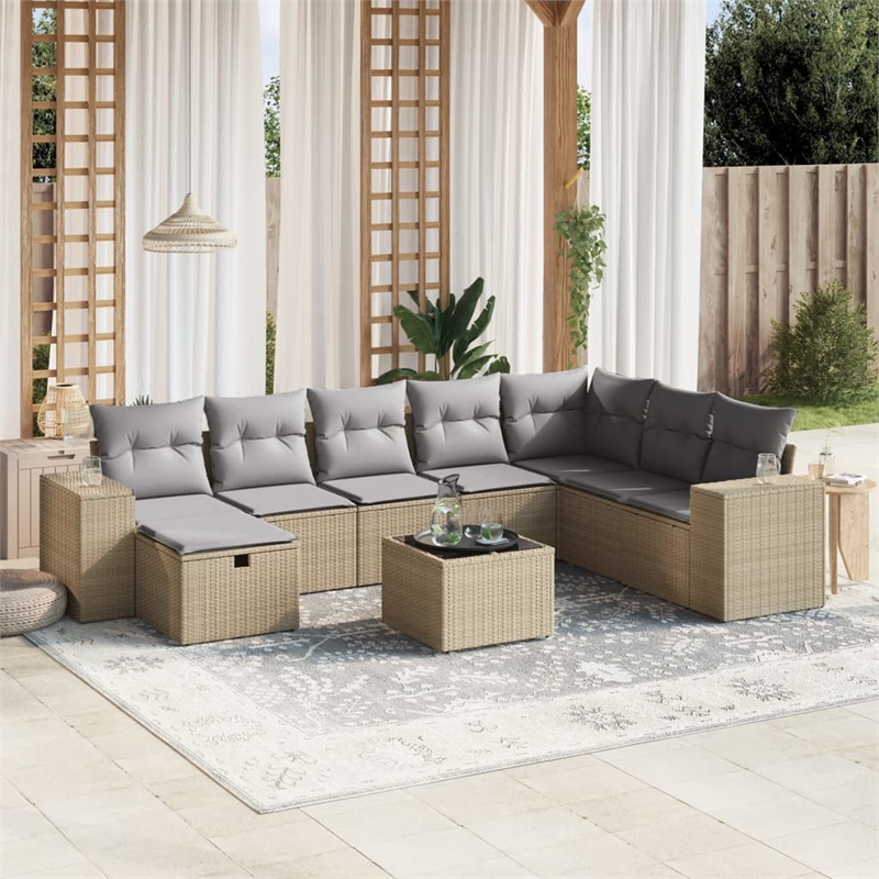 Afuera Living Contemporary 9 Piece Poly Rattan Sofa Set in Beige