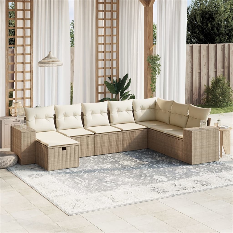 Afuera Living Contemporary 8 Piece Poly Rattan Large Sofa Set in Beige