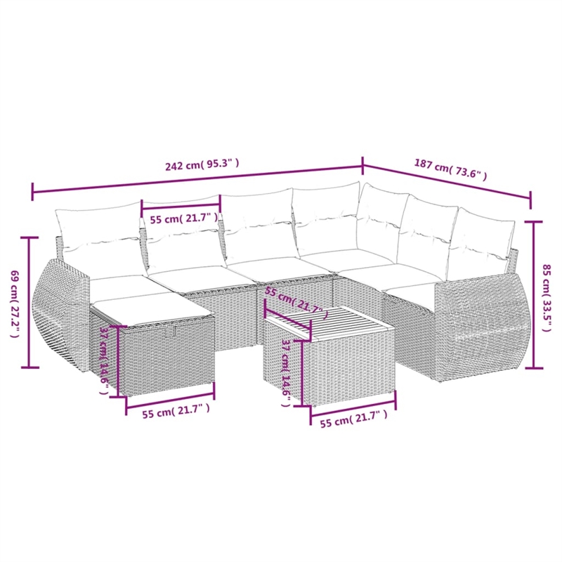 Afuera Living Contemporary 8 Piece Poly Rattan Sofa Set in Dark Gray