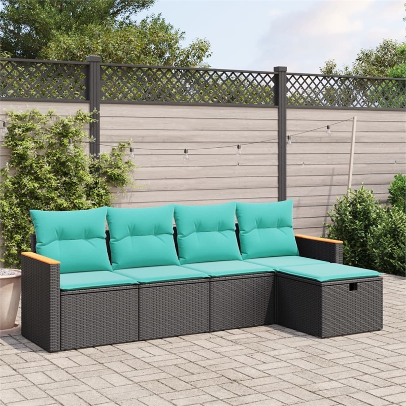 Afuera Living Contemporary 5 Piece Poly Rattan Sofa Set in Black/Blue