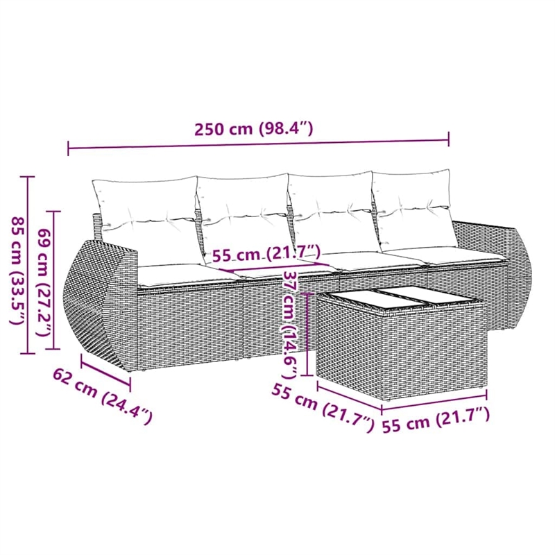Afuera Living Contemporary 5 Piece Poly Rattan Sofa Set in Black/Cream