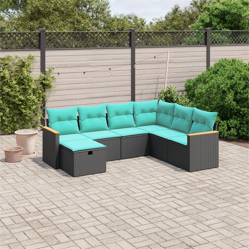 Afuera Living Contemporary 7 Piece Poly Rattan Sofa Set in Black/Blue