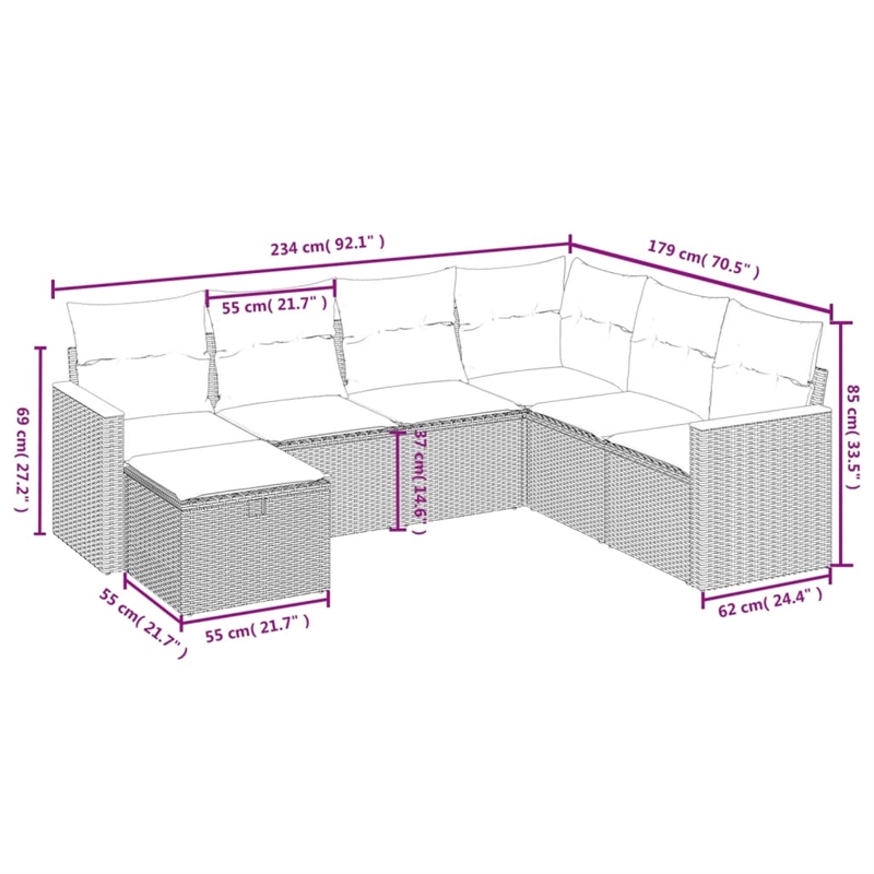 Afuera Living Contemporary 7 Piece Poly Rattan Sofa Set in Black/Blue