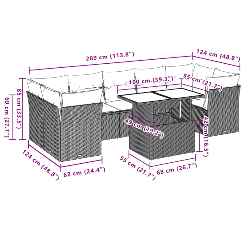 Afuera Living Contemporary 8 Piece Poly Rattan Sofa Set in Black/Cream
