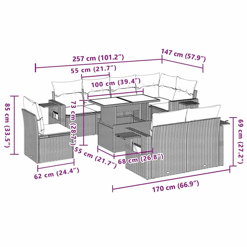 Afuera Living 9 Piece Poly Rattan Large Sofa Set in Black/Cream