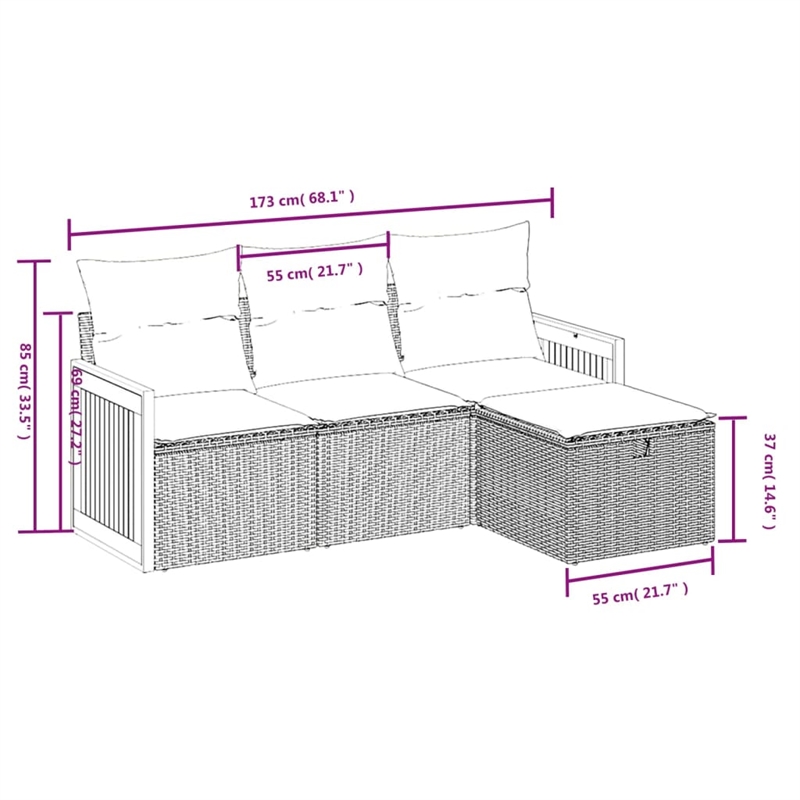 Afuera Living Contemporary 4 Piece Poly Rattan Sofa Set in Black/Blue