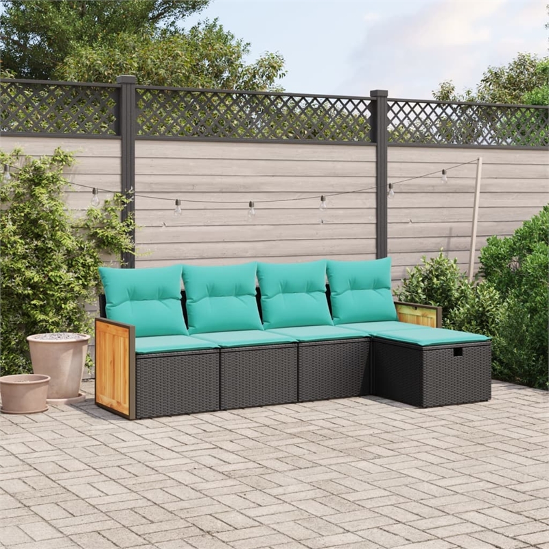 Afuera Living Contemporary 5 Piece Poly Rattan Sofa Set in Black/Blue