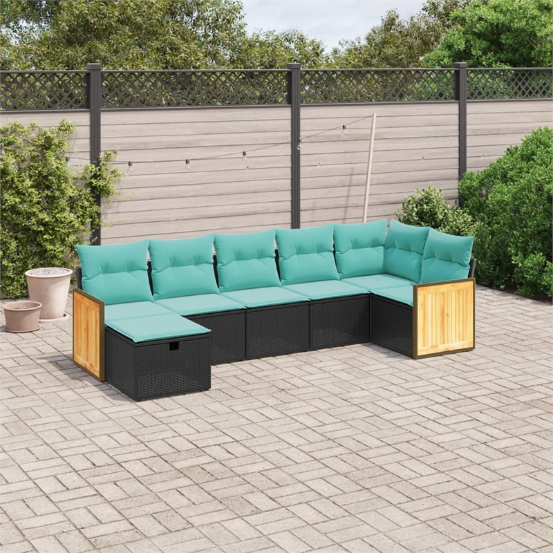 Afuera Living Contemporary 7 Piece Poly Rattan Sofa Set in Black/Blue