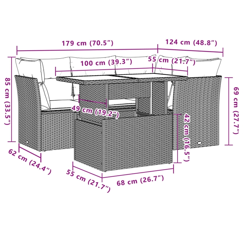 Afuera Living Contemporary 5 Piece Poly Rattan Sofa Set in Black/Cream