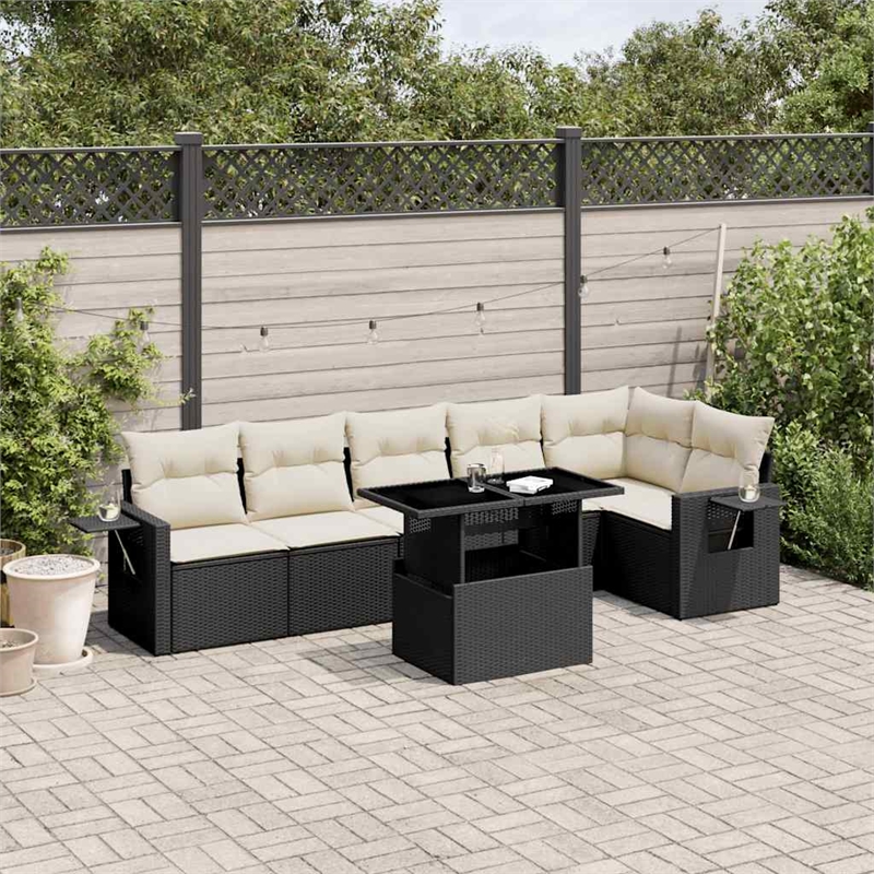 Afuera Living Contemporary Synthetic Poly Rattan 7 Piece Sofa Set in Black/Cream