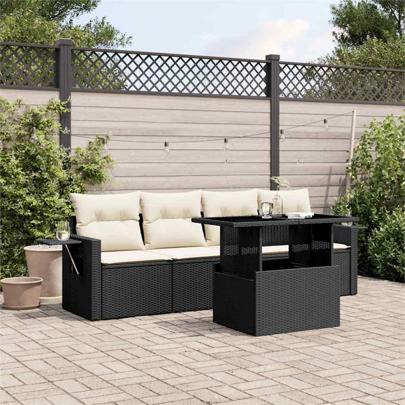 Afuera Living Contemporary 5 Piece Poly Rattan Sofa Set in Black/Cream