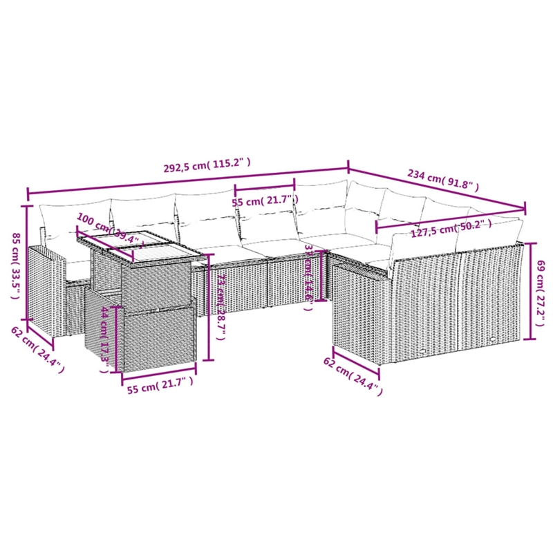 Afuera Living 10 Piece Poly Rattan Patio Sofa Set in Black/Cream