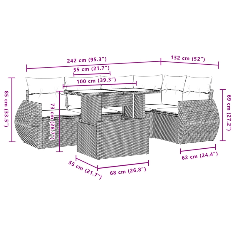 Afuera Living Contemporary 6 Piece Poly Rattan Sofa Set in Black