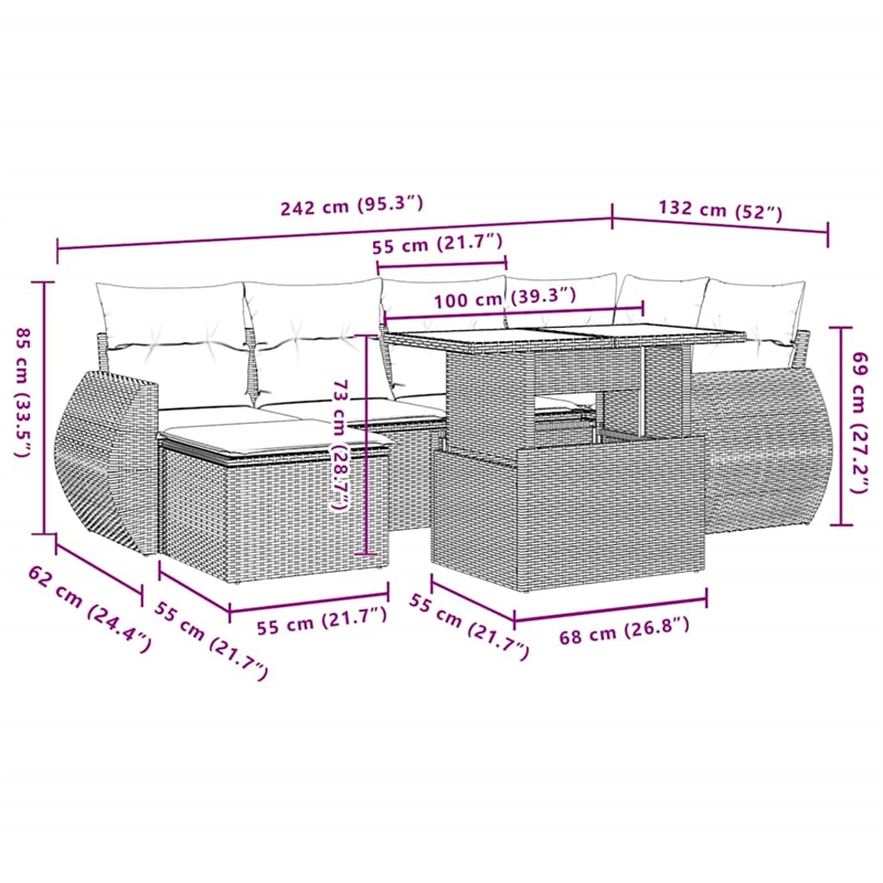 Afuera Living Contemporary 7 Piece Poly Rattan Sofa Set in Black