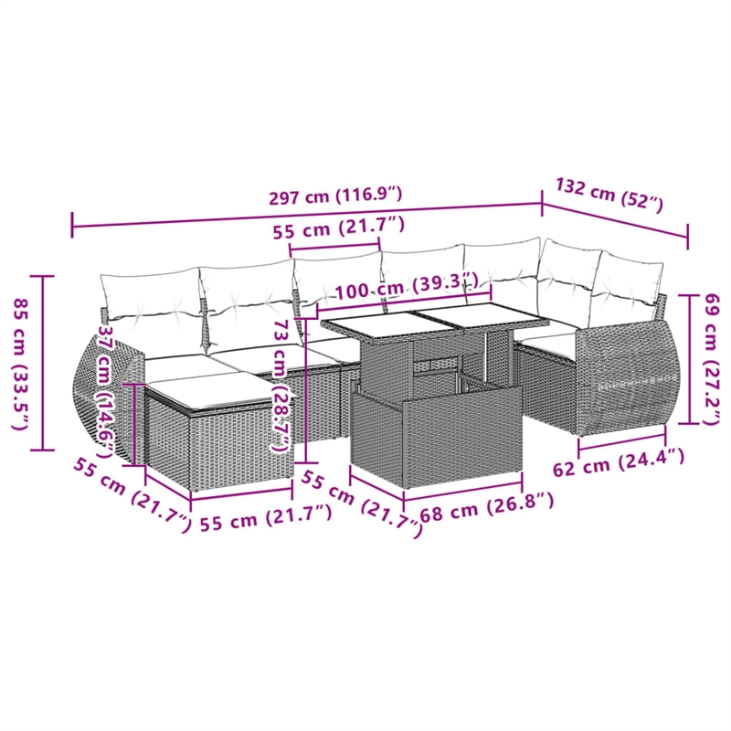 Afuera Living Contemporary 8 Piece Poly Rattan Sofa Set in Black/Cream