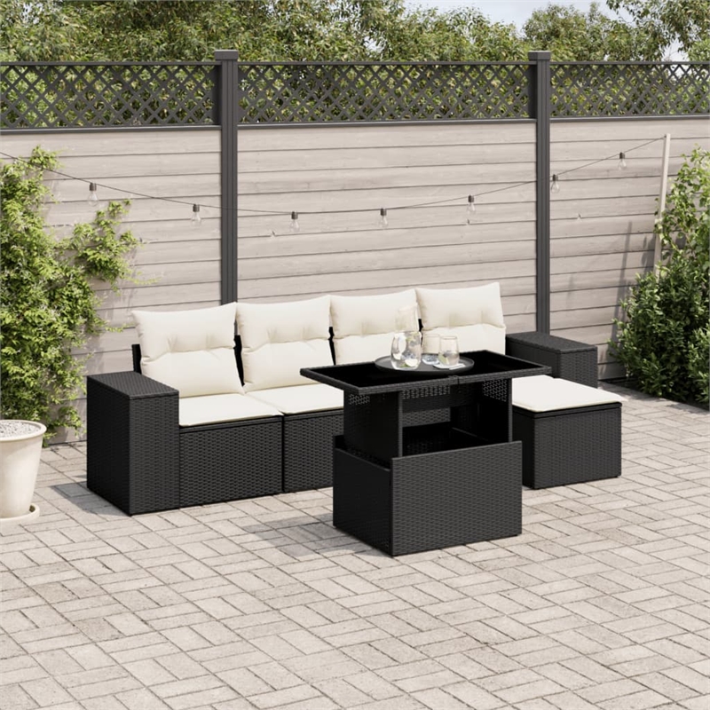 Afuera Living Contemporary 6 Piece Poly Rattan Sofa Set in Black/Cream