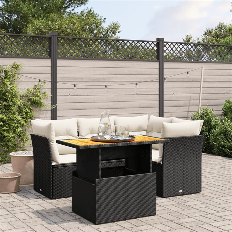 Afuera Living Contemporary 5 Piece Poly Rattan Sofa Set in Black/Cream