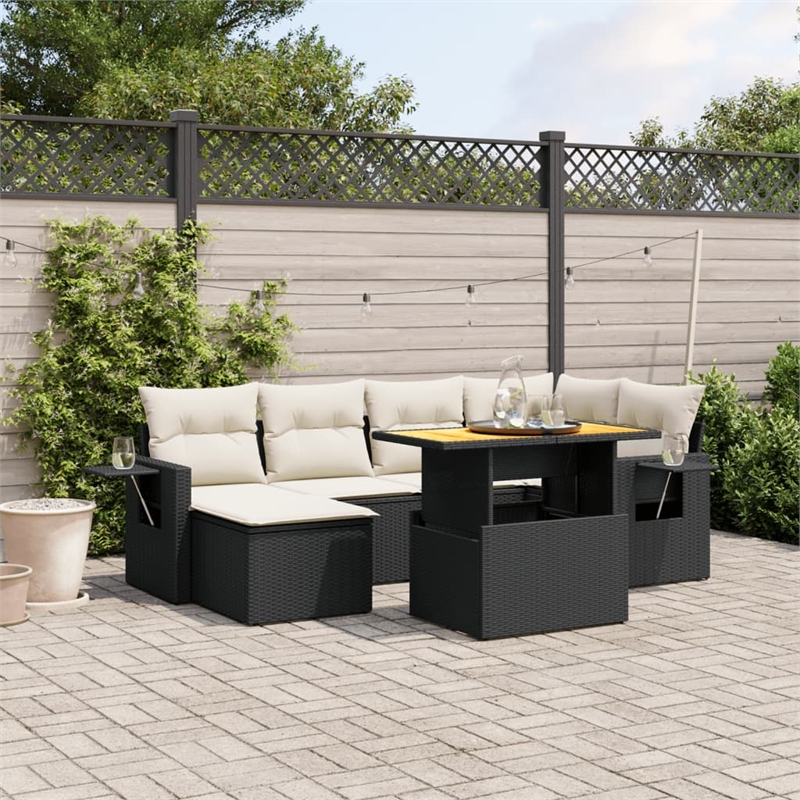 Afuera Living Contemporary Synthetic Poly Rattan 7 Piece Sofa Set in Black/Cream
