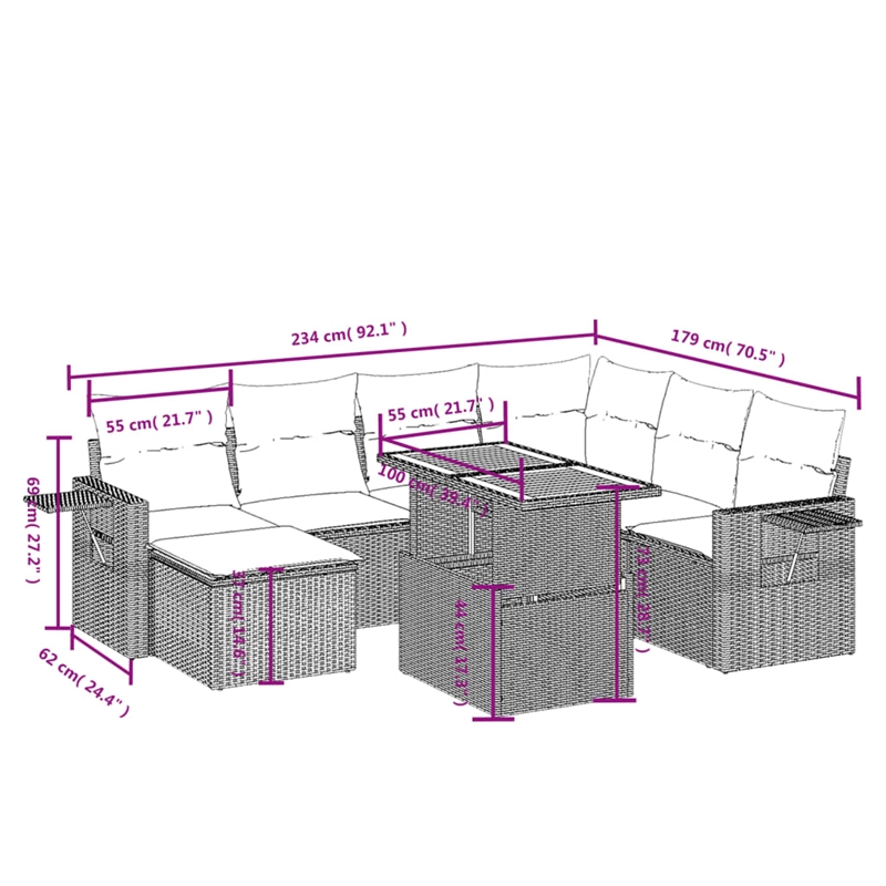 Afuera Living Contemporary Synthetic Poly Rattan 8 Piece Sofa Set in Black/Cream