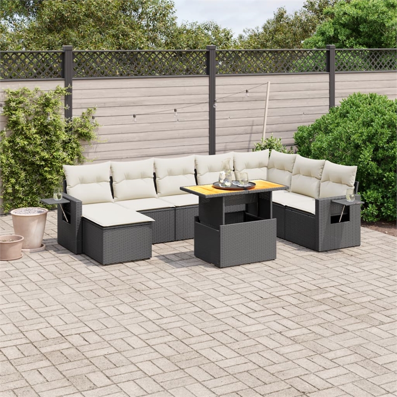 Afuera Living Contemporary Synthetic Poly Rattan 9 Piece Sofa Set in Black/Cream