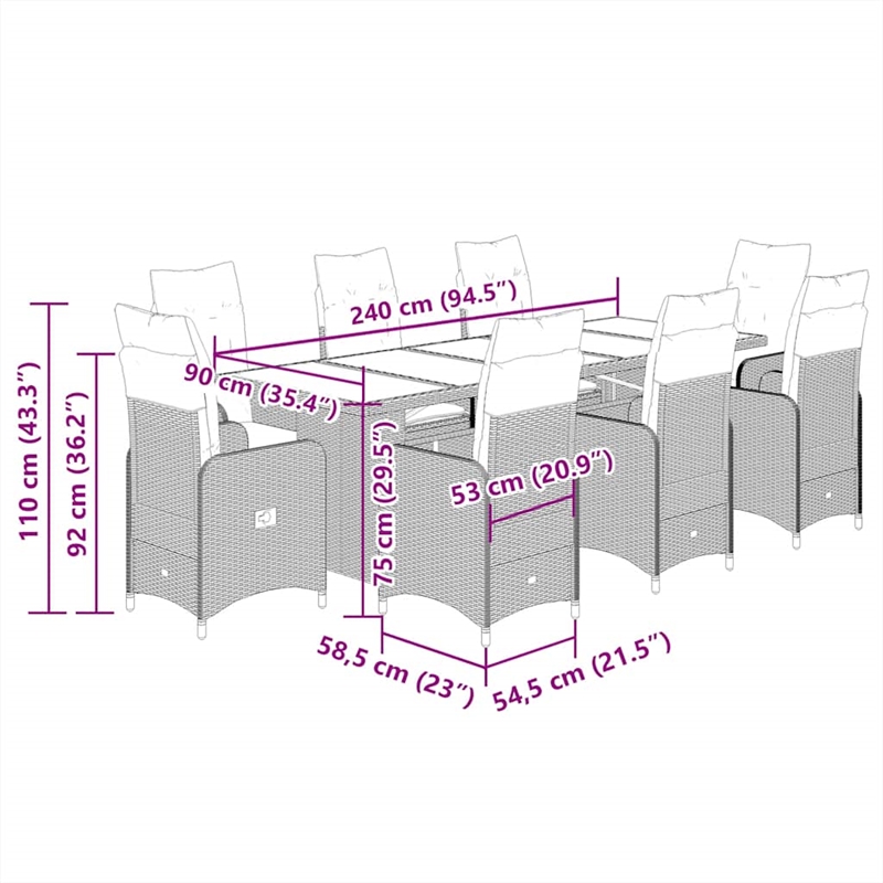 Afuera Living Contemporary 9 Piece Poly Rattan Bistro Set in Gray