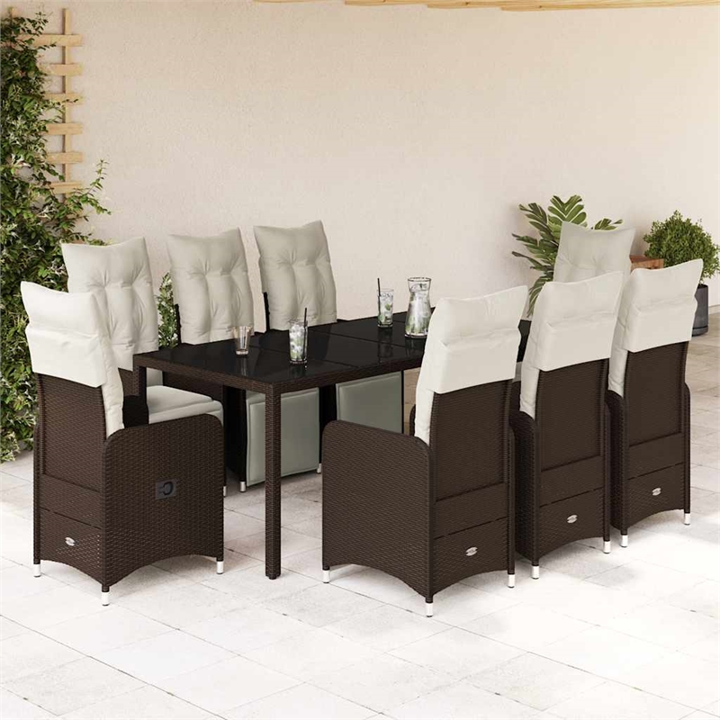 Afuera Living Contemporary 9 Piece Poly Rattan Bistro Set in Brown