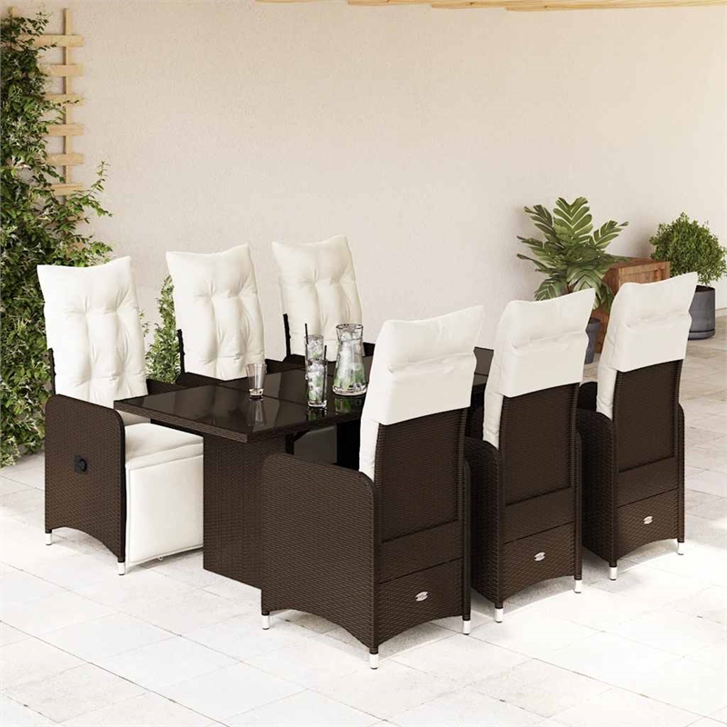 Afuera Living Contemporary 7 Piece Poly Rattan Bistro Set in Brown/Cream