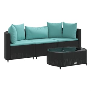 Afuera Living 4 Piece Poly Rattan Small Patio Sofa Set in Black/Blue