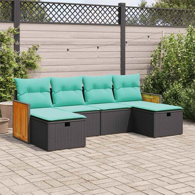Afuera Living Contemporary 6 Piece Poly Rattan Sofa Set in Black/Blue