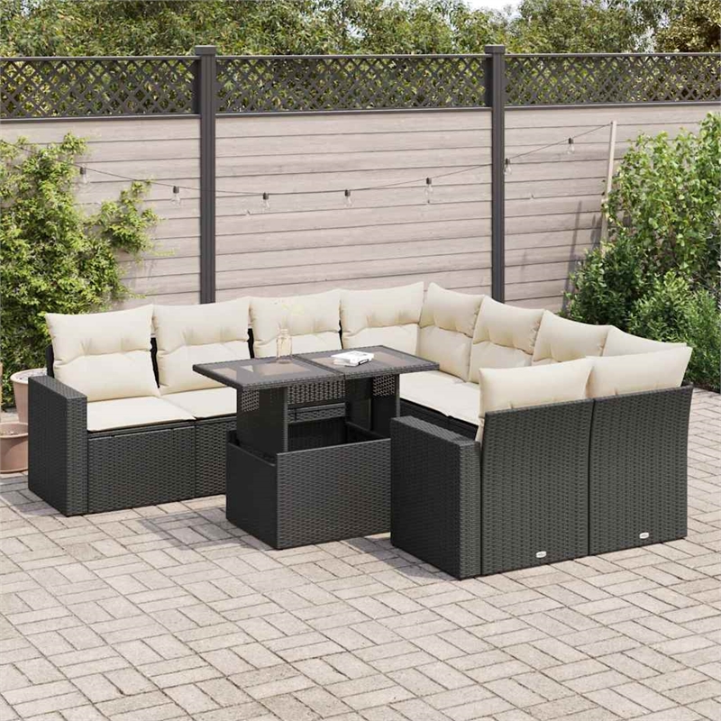 Afuera Living Contemporary 9 Piece Poly Rattan Sofa Set in Black/Cream