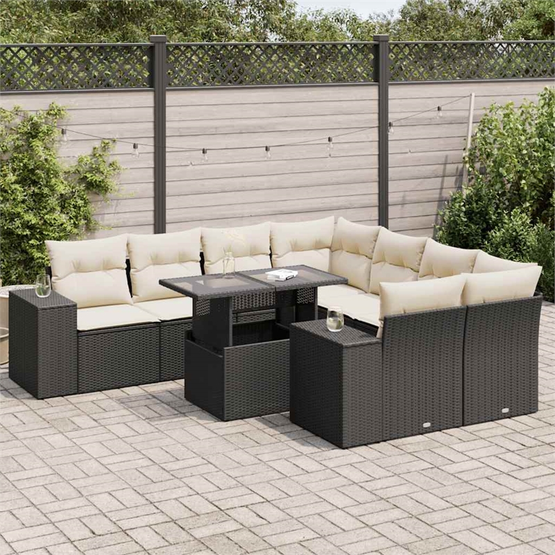 Afuera Living Contemporary 9 Piece Poly Rattan Sofa Set in Black/Cream