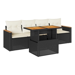 Afuera Living 5 Piece Solid Acacia Wood Sofa Set in Black/Cream
