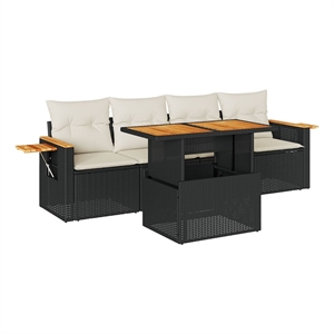 Afuera Living 5 Piece Solid Acacia Wood Sofa Set in Black/Cream