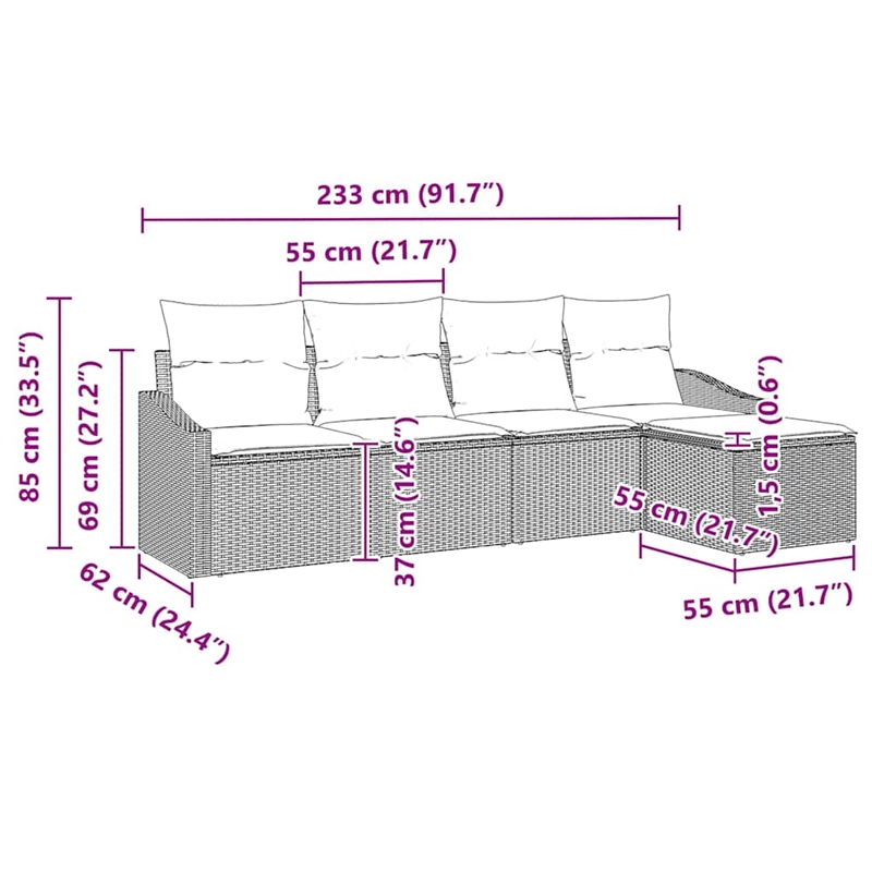 Afuera Living Contemporary Poly Rattan Sofa Set with Cushions in Brown