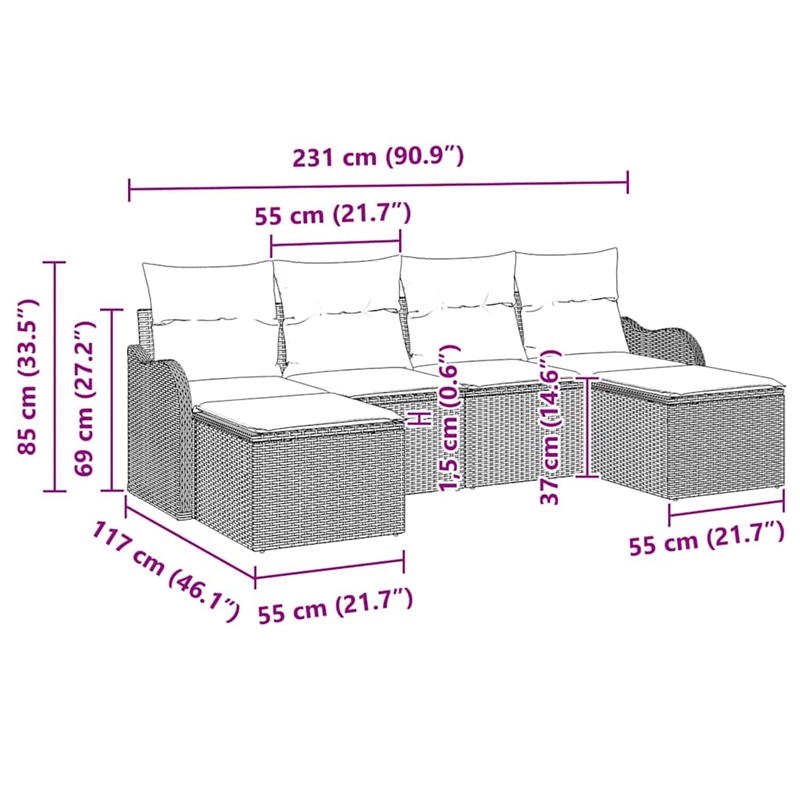 Afuera Living Contemporary Poly Rattan Sofa Set with Cushions in Brown