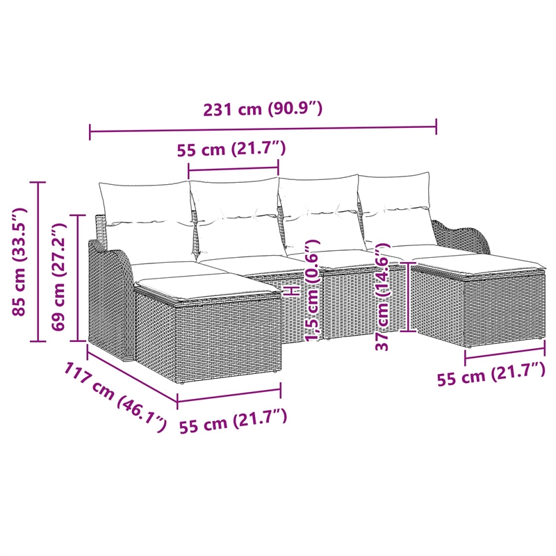 Afuera Living Contemporary Poly Rattan Sofa Set with Cushions in Black