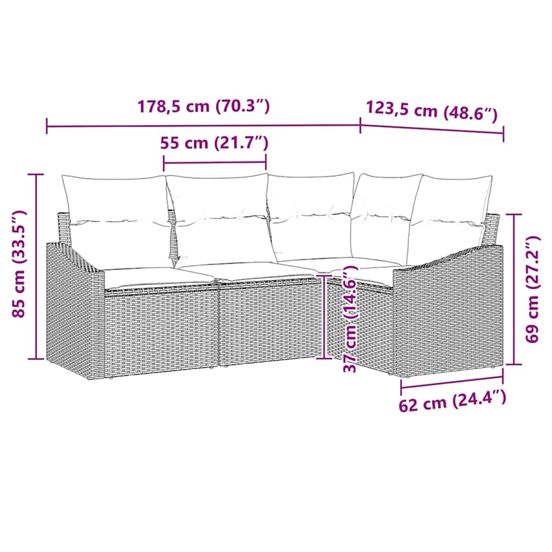 Afuera Living Contemporary Poly Rattan Sofa Set with Cushions in Gray
