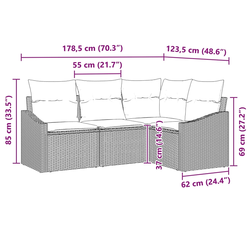 Afuera Living Contemporary Poly Rattan Sofa Set with Cushions in Gray