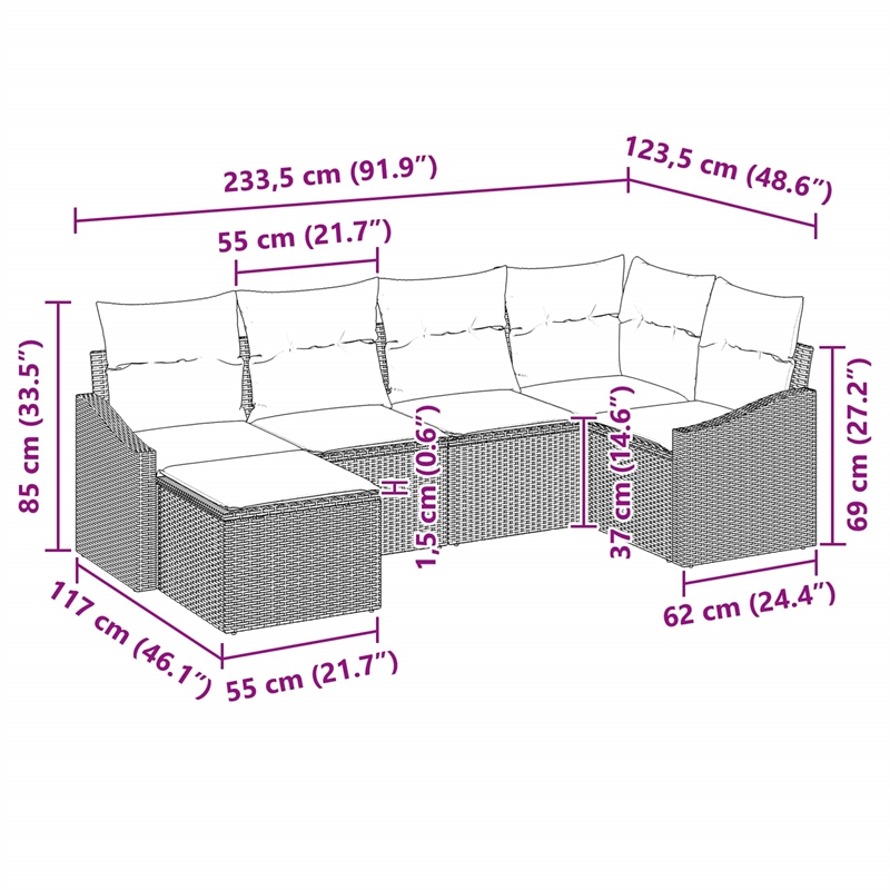Afuera Living Contemporary Poly Rattan Sofa Set with Cushions in Brown