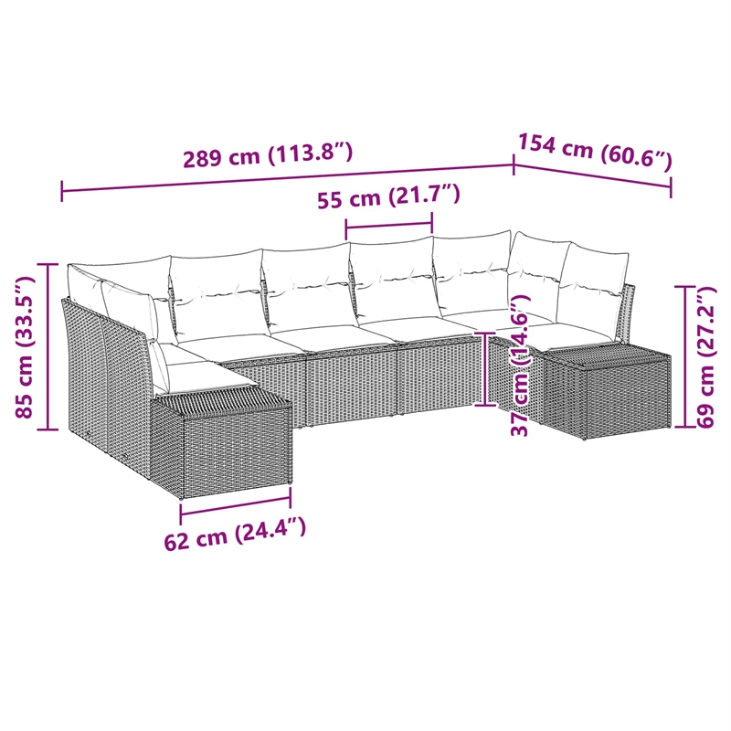 Afuera Living Contemporary Poly Rattan Sofa Set with Cushions in Gray