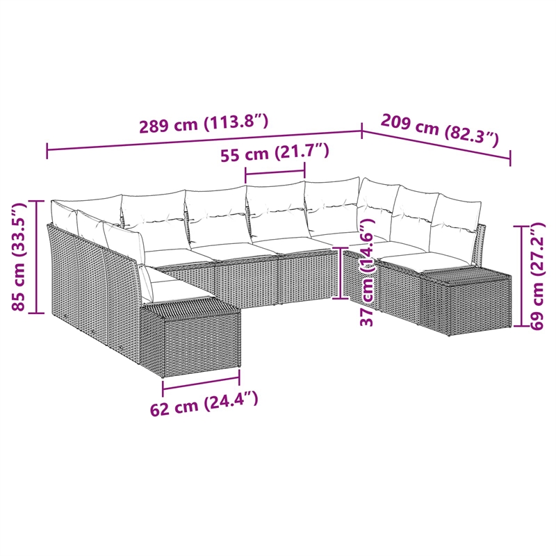 Afuera Living Contemporary Poly Rattan Sofa Set with Cushions in Gray